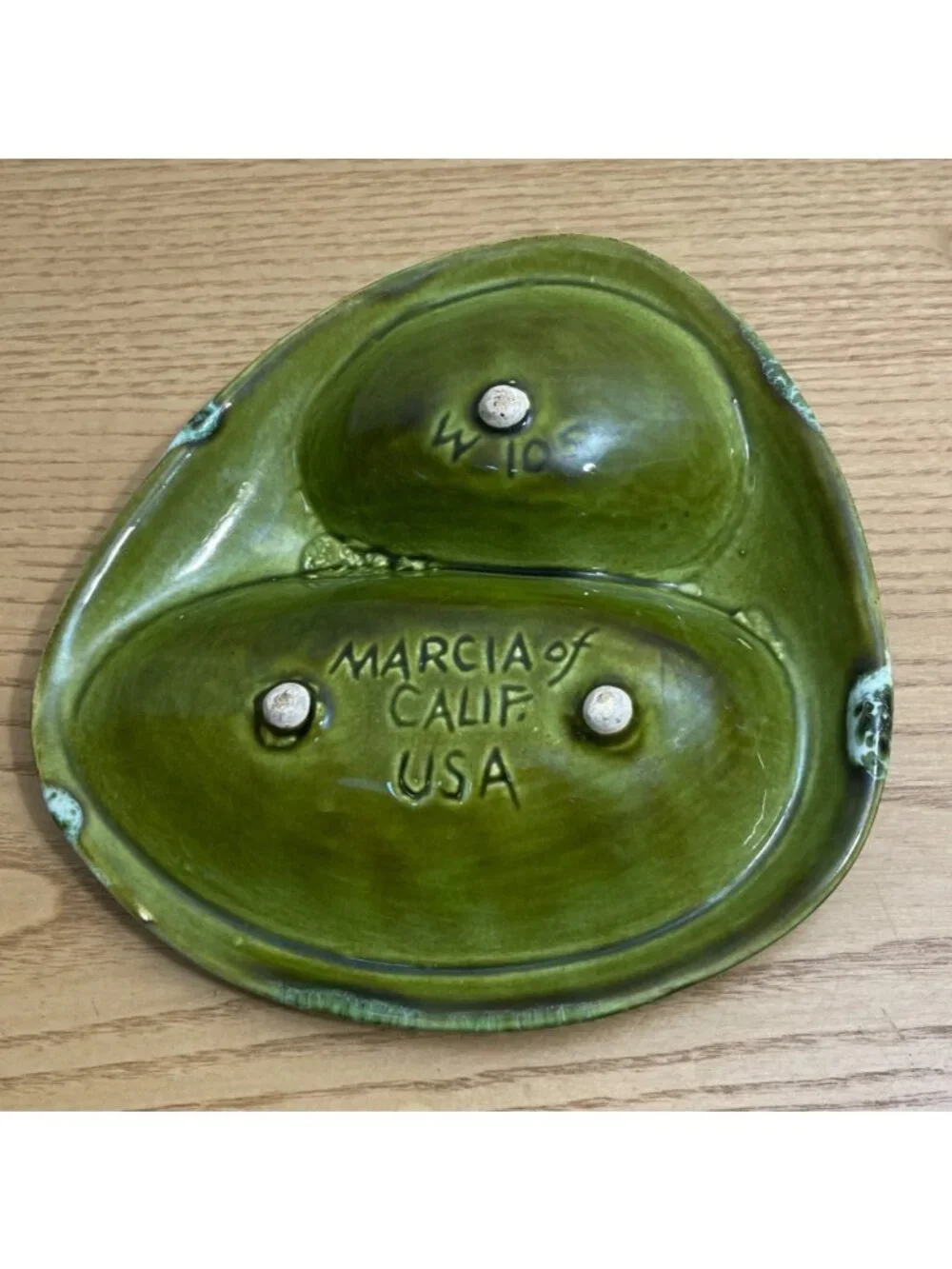 Vtg Marcia Of CA USA Avocado Green Brown Drip Ceramic Ashtray W105 Mid Century